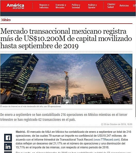 Mercado transaccional mexicano registra ms de US$10.200M de capital movilizado hasta septiembre de 2019